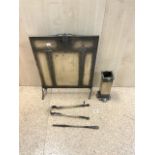 A GALVANISED METAL FIRE SCREEN AND COMPANION SET.