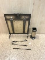 A GALVANISED METAL FIRE SCREEN AND COMPANION SET.