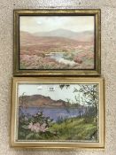 A SILK EMBROIDERED PICTURE OF A LAKE LANDSCAPE; 52X36 CMS AND A WATERCOLOUR OF A HIGHLAND RIVER