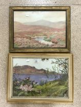 A SILK EMBROIDERED PICTURE OF A LAKE LANDSCAPE; 52X36 CMS AND A WATERCOLOUR OF A HIGHLAND RIVER