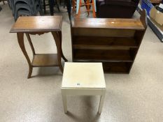 THREE PIECES OF FURNITURE INCLUDES BOOKSHELF AND TWO TIER TABLE