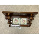 MAHOGANY WALL SHELVES WITH TWO INSET FLORAL TILES; 60 CM.