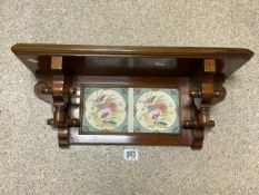 MAHOGANY WALL SHELVES WITH TWO INSET FLORAL TILES; 60 CM.