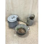 GALVANISED WATERING CAN, SWING HANDLE POT AND BOWL.