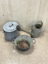 GALVANISED WATERING CAN, SWING HANDLE POT AND BOWL.