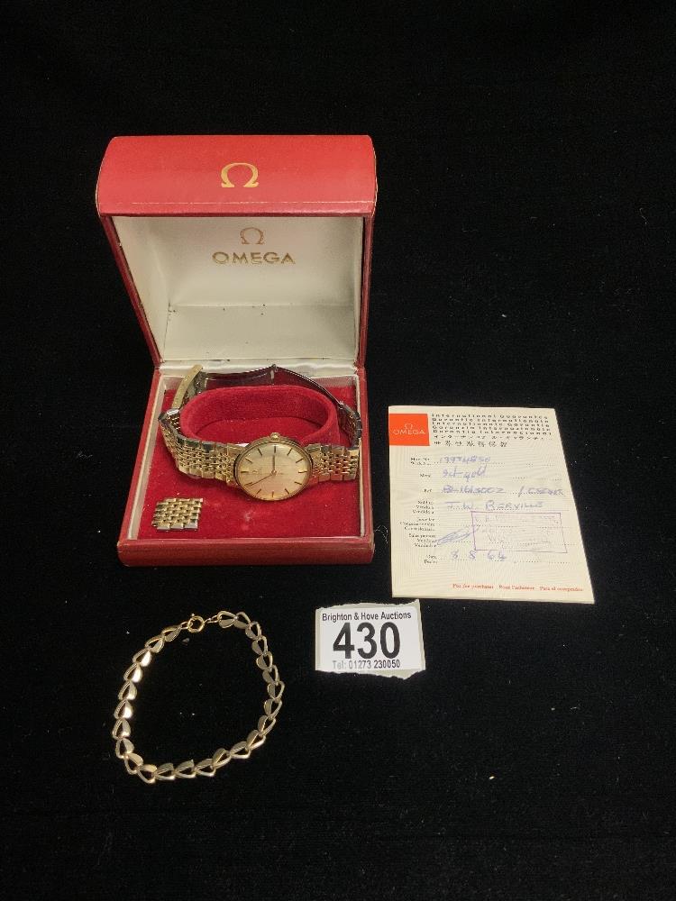 A GENTS 1960s OMEGA AUTOMATIC, HALLMARKED 375 GOLD WRISTWATCH, ON A GOLD PLATED OMEGA STRAP, WITH