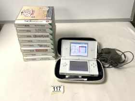 A NINTENDO DS AND 8 GAMES.