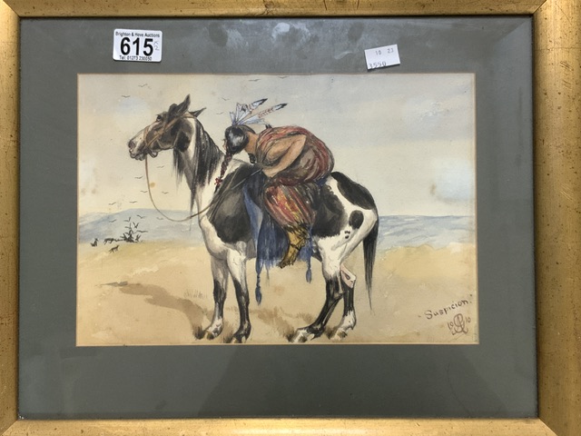 WATERCOLOUR NATIVE AMERICAN ON HORSEBACK ENTITLED ' SUSPICION '; 1910; 30X20 CMS AND PRINT OF CHIEFS - Image 2 of 4