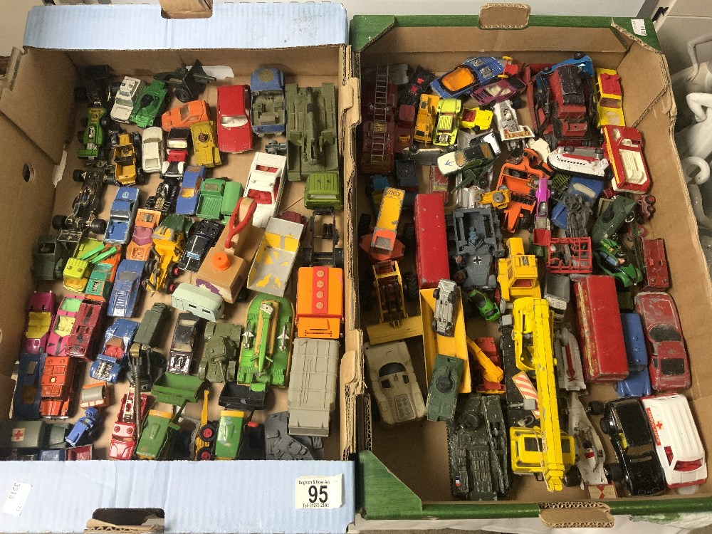 A COLLECTION OF DIE-CAST TOY VEHICLES; DINKY CRANE, CORGI AND MATCHBOX.