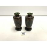 PAIR OF CLOISONNE VASES ON STANDS;13CM