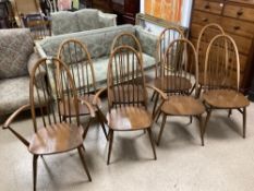 ERCOL MID-CENTURY MODERN QUAKER DINING CHAIRS SET OF EIGHT WITH TWO BEING CARVERS