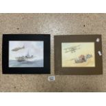 TWO UNFRAMED WATERCOLOURS - VINTAGE RACE CARS AND BY-PLANE, NAVAL MOTOR BOAT AND SECOND WORLD WAR