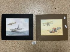 TWO UNFRAMED WATERCOLOURS - VINTAGE RACE CARS AND BY-PLANE, NAVAL MOTOR BOAT AND SECOND WORLD WAR