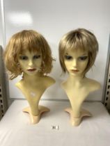 TWO MANNEQUIN BUSTS WEARING WIGS.