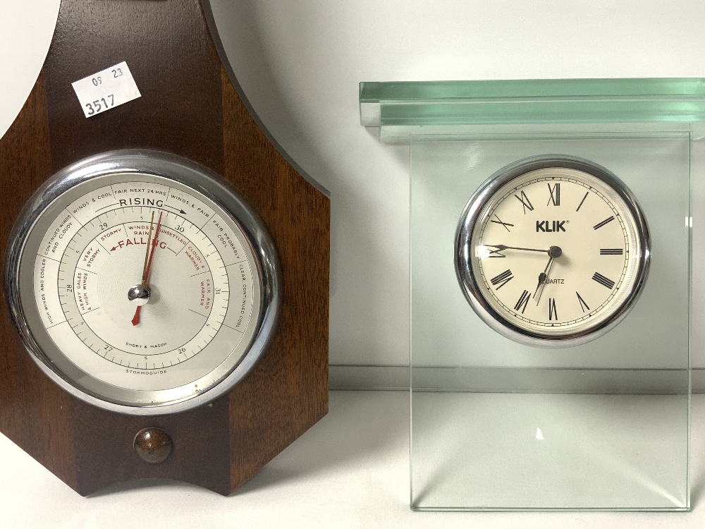 TWO METAMEC BATTERY MANTLE CLOCKS, A BAROMETER AND GLASS MANTLE CLOCK. - Image 5 of 7