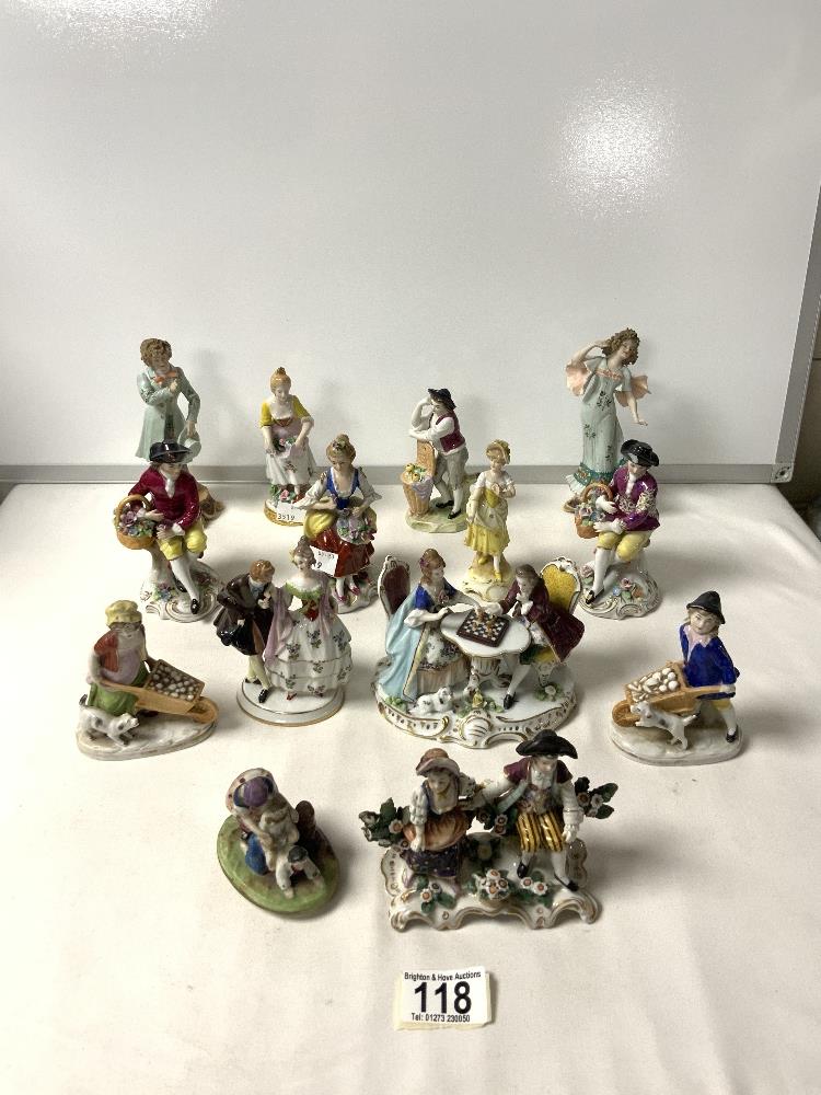 A SMALL CONTINENTAL PORCELAIN GROUP PLAYING CHESS, PAIR PORCELAIN FIGURES OF BOY AND GIRL; 15 CMS