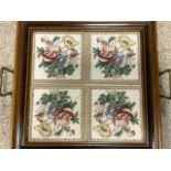 A LATE VICTORIAN FLORAL TILE TOP TRAY; 38CMS SQUARE.