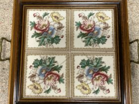 A LATE VICTORIAN FLORAL TILE TOP TRAY; 38CMS SQUARE.