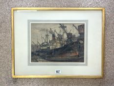 CLAUDE MUNCASTER (1903-1974) WATERCOLOUR DRAWING - LONDON DOCKS; 38X28 CMS; SIGNED AND DATED 1922.