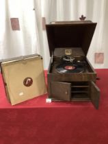 OAK CASED HIS MASTERS VOICE GRAMOPHONE WITH 78S RECORDS