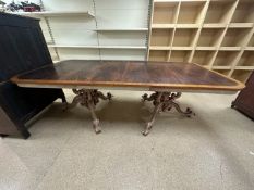 A LARGE SATINWOOD CROSSBANDED CARVED TWIN PILLAR EXTENDING DINING TABLE; 116X230 FULLY EXTENDED.