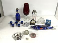 MILIFIORI GLASS PAPERWEIGHT, GLASS FISH, GLASS COCKTAIL SHAKER AND OTHER GLASSWARE.