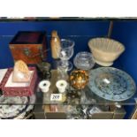 CHINESE CARVED DRAGON SOAPSTONE STAND IN BOX, AZTEC DESIGN STONE BUST, STONEWARE JELLY MOULD AND