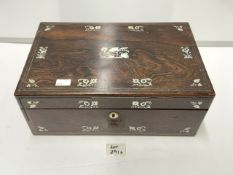 A VICTORIAN ROSEWOOD AND MOTHER O PEARL INLAID WRITING SLOPE, INTERIOR FITTED WITH TWO DRAWERS; 33.5
