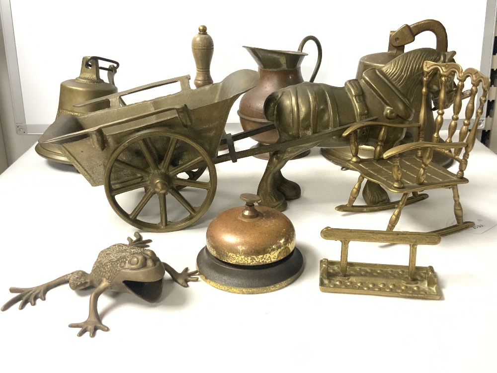 TWO REPRODUCTION BRASS SHIP BELLS, BRASS DESK BELL, BRASS HORSE AND CART AND OTHER BRASS WARE. - Image 2 of 4