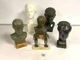 ITALIAN TOURIST BRONZE OF TWO ROMAN NUDE AND FIVE ROMAN AND GREEK STYLE BUSTS.