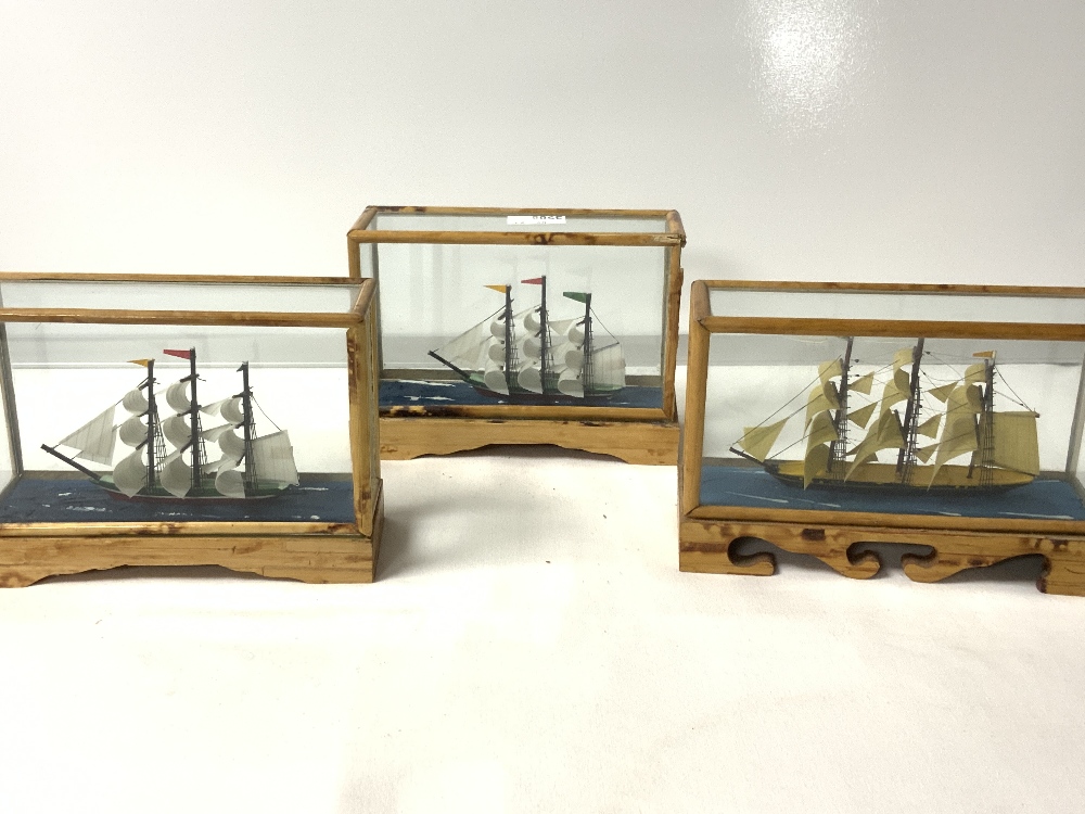 FIVE MINATURE MODEL SAILING SHIPS IN GLAZED BAMBOO CASES; 14X10 CMS - Image 3 of 3