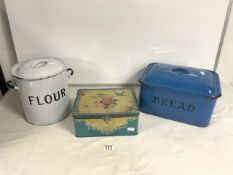 TWO VINTAGE ENAMEL BREAD BINS AND A HARRY VINCENT BISCUIT TIN.