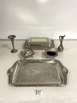 SILVER PLATED ENTREE DISH, ENRAVED PLATED DRINKS TRAY, CONDIMENTS AND MORE.