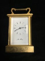 GOOD QUALITY BRASS CARRIAGE CLOCK WITH WHITE ENAMEL DIAL - MAKER JOHN MORLEY, (WORKING ORDER WITH