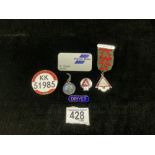 THREE ROAD SAFETY BADGES, BUS DRIVERS BADGE AND NAME BADGE.