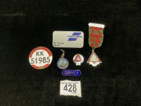 THREE ROAD SAFETY BADGES, BUS DRIVERS BADGE AND NAME BADGE.