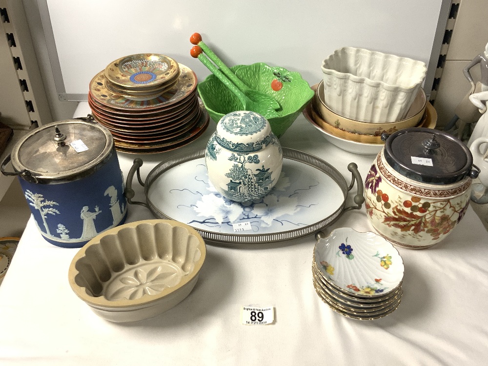 WEDGEWOOD JASPERWARE BISCUIT BARREL, TWO CERAMIC JELLY MOULDS, CARLTON WARE SALAD BOWL AND SERVERS