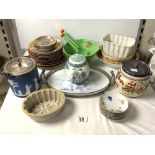 WEDGEWOOD JASPERWARE BISCUIT BARREL, TWO CERAMIC JELLY MOULDS, CARLTON WARE SALAD BOWL AND SERVERS