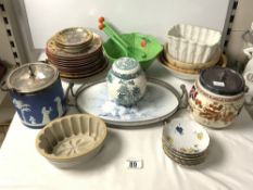 WEDGEWOOD JASPERWARE BISCUIT BARREL, TWO CERAMIC JELLY MOULDS, CARLTON WARE SALAD BOWL AND SERVERS