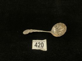 HALLARKED SILVER SIFTER SPOON; SHEFFIELD 1895; JAMES DIXON & SONS; 33 GRAMS.