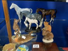 TWO PORCELAIN SYLVAC HORSES, TWO OTHER HORSES, RUSSIAN PORCELAIN CHEETAH, TWO BEARS AND A DUCK.
