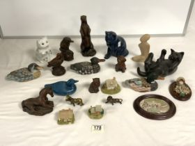 QUANTITY OF WOODEN, RESIN, METAL FIGURES OF ANIMALS.