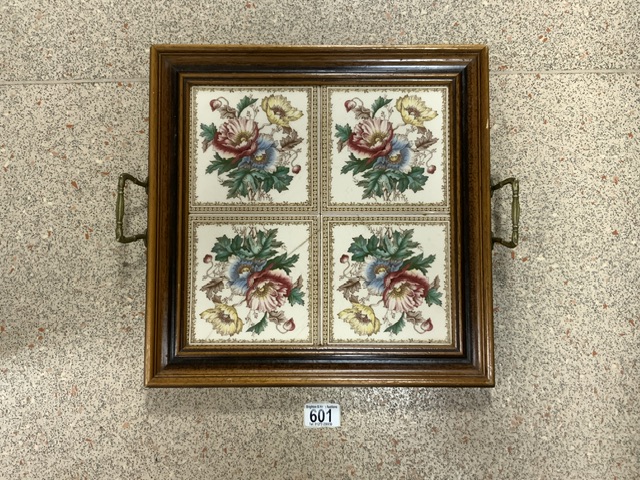 A LATE VICTORIAN FLORAL TILE TOP TRAY; 38CMS SQUARE. - Image 2 of 3