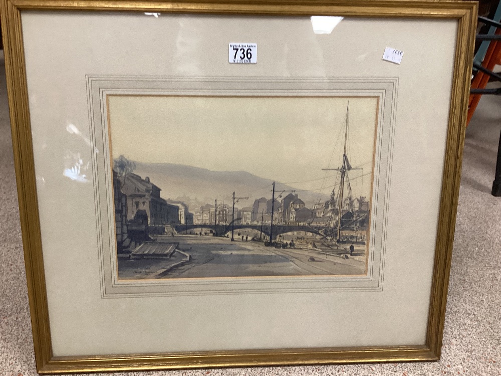 CLAUDE MUNCASTER (1903-1974) ENGLAND SIGNED PENCIL WATERCOLOUR DATED 1930 QUAYSIDE BILBAO FRAMED AND