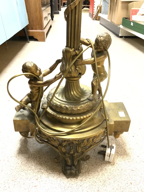 FRENCH ORNATE CORINTHIUM COLUMN ORMULO AND BRASS LAMP STAND WITH CHERUB SUPPORTS TO BASE. - Image 5 of 5