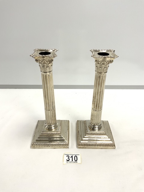 PAIR OF VICTORIAN HALLMARKED SILVER CORINTHIAN COLUMN CANDLESTICKS WITH STEPPED BASES; SHEFFIELD - Image 2 of 5