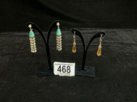 A PAIR OF 9CT MARKED EARRINGS WITH PEARLS AND GREEN AGATE SETTING AND A PAIR OF 835 MARKED YELLOW