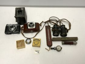 THREE KODAK CAMERAS, SPIRIT LEVEL. BINOCULARS AND OTHER ITEMS.