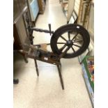 ANTIQUE ELM AND OAK SPINNING WHEEL WITH MAKERS STAMP - JOHN STEWART OF SCOTLAND.