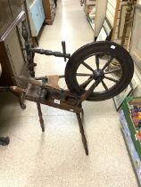 ANTIQUE ELM AND OAK SPINNING WHEEL WITH MAKERS STAMP - JOHN STEWART OF SCOTLAND.